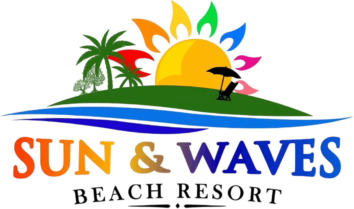 Sun & Waves Beach Resort logo with palm trees, sun, and waves