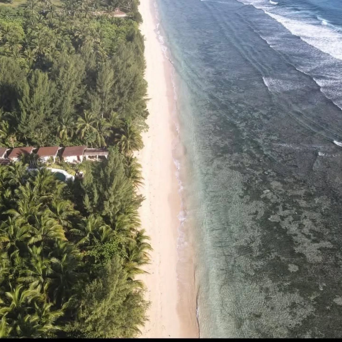 Aerial view of a pristine beach in Baganga, Davao Oriental, with lush greenery and clear ocean waters.