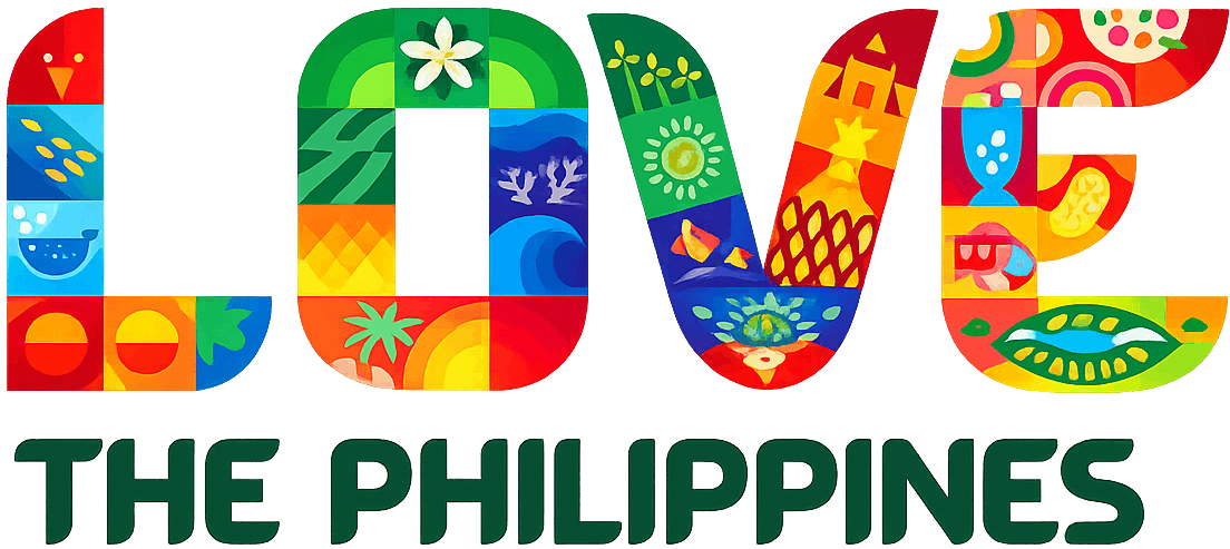 LOVE THE PHILIPPINES in colorful mosaic letters, featuring Philippine scenes.